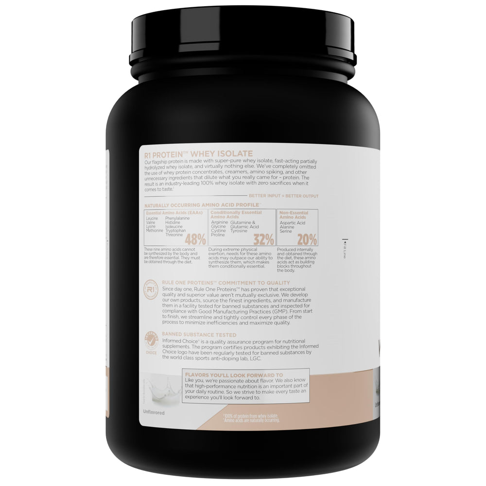 Rule 1 Proteins R1 Whey Isolate nutrition label highlighting 25g protein.