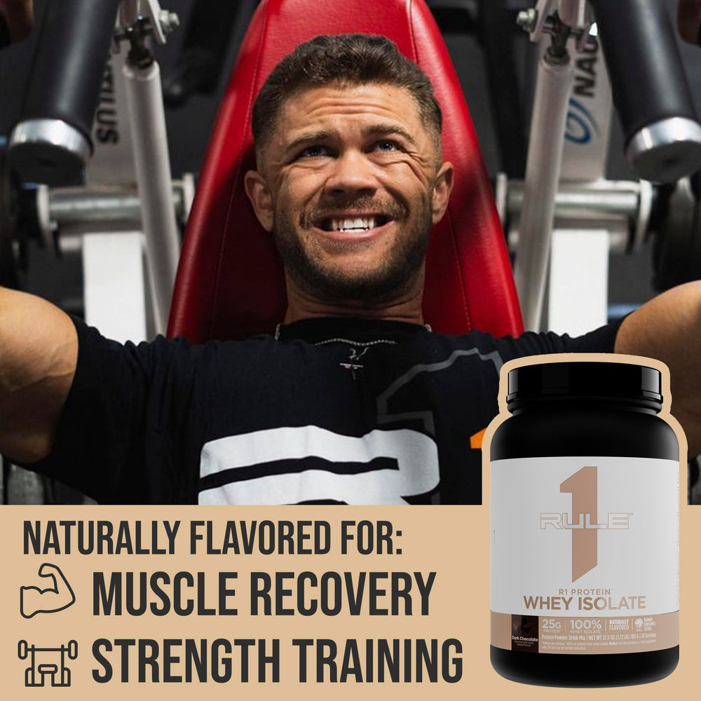 Rule 1 Proteins R1 Whey Isolate scoop beside a filled shaker