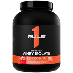 Rule 1 R1 Protein Whey Isolate bottle front highlights premium whey for workouts.