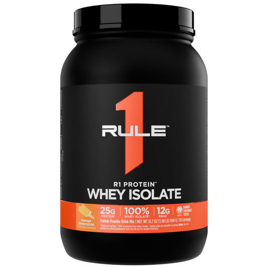 Rule 1 R1 Protein Whey Isolate orange dreamsicle bottle ready for post-workout fueling