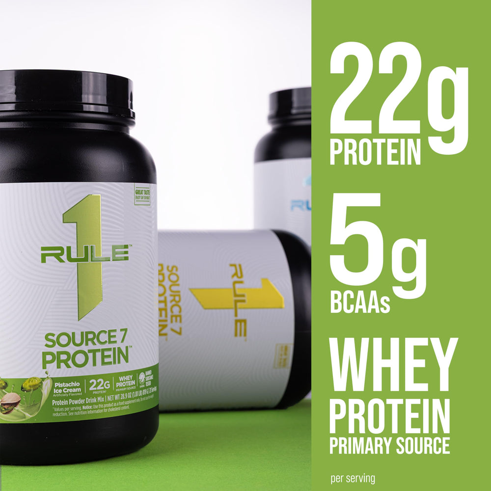 Rule 1 Proteins Source 7 packaging label highlights seven-protein blend.