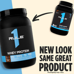 Rule 1 Whey Protein vanilla ice cream 2 lb scoop close-up shows serving size.