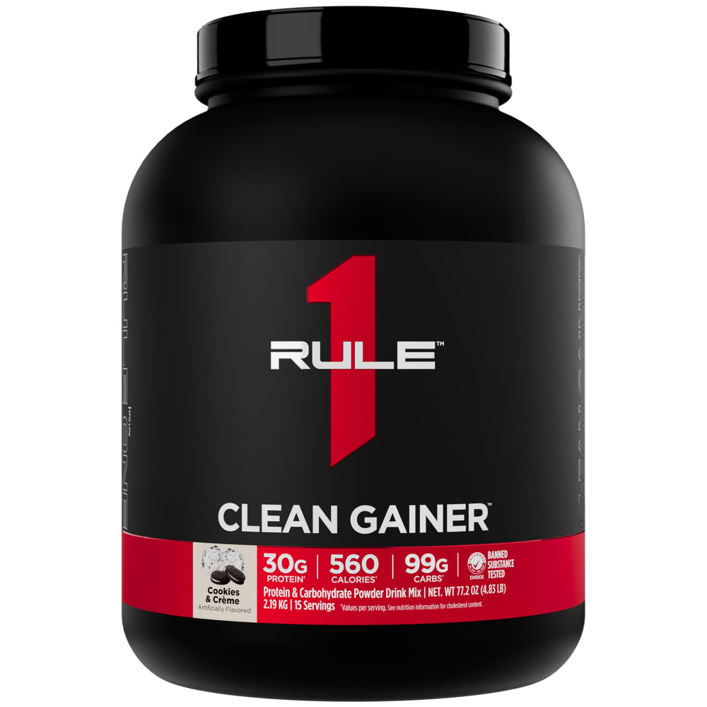 Rule 1 Clean Gainer bottle shows 560 calories for lean gains and easy dosing