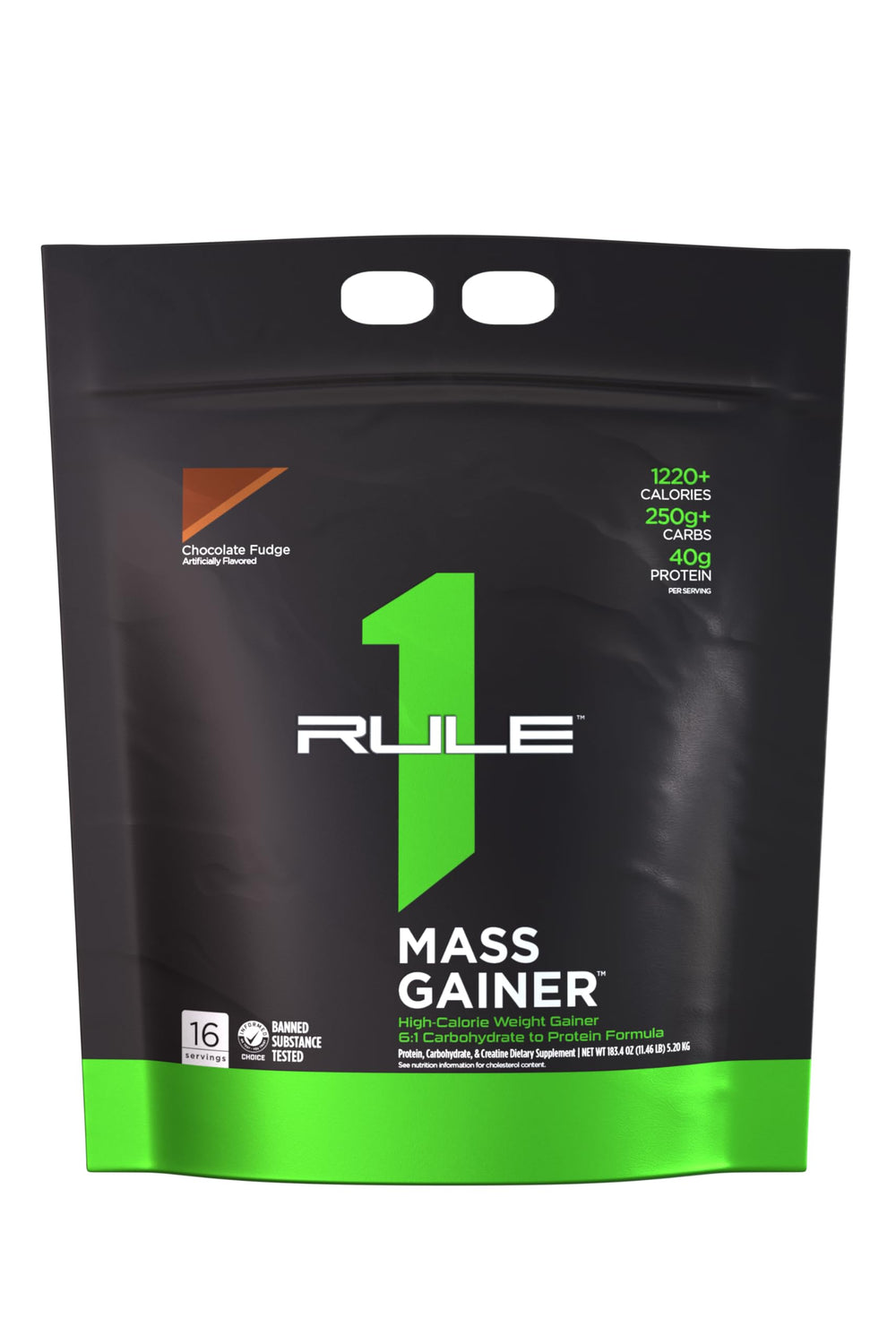 Rule1 Mass Gainer tub front highlighting a high-calorie formula for athletes