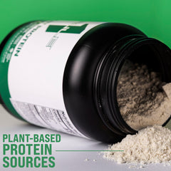 Rule 1 Plant Protein dark chocolate label—high protein blend in a GMP-certified package.