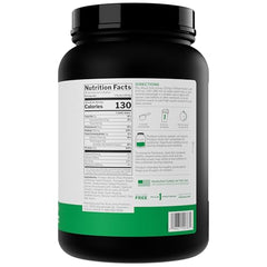 Rule 1 Plant Protein dark chocolate tub back—gluten-free, dairy-free, and soy-free formula.