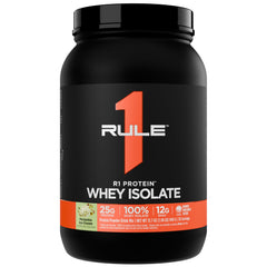 Rule 1 R1 Whey Isolate pistachio ice cream tub highlights high protein content.