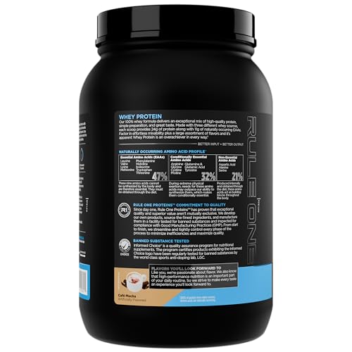 Rule 1 Whey Protein label highlights three whey sources and essential amino acids