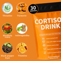 Rulinal Cortisol Drink Powder ingredients panel featuring Ashwagandha and turmeric