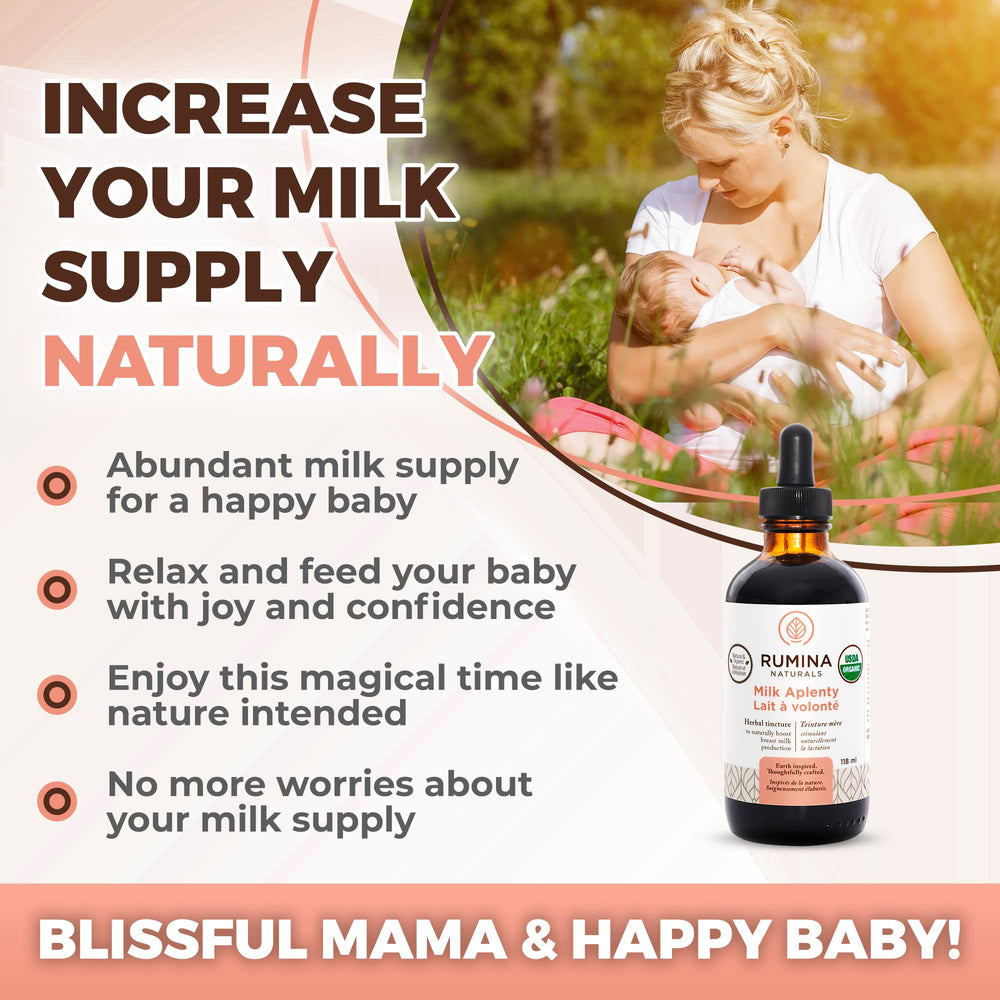 Milk Aplenty bottle label highlighting organic fenugreek-free formula for moms.