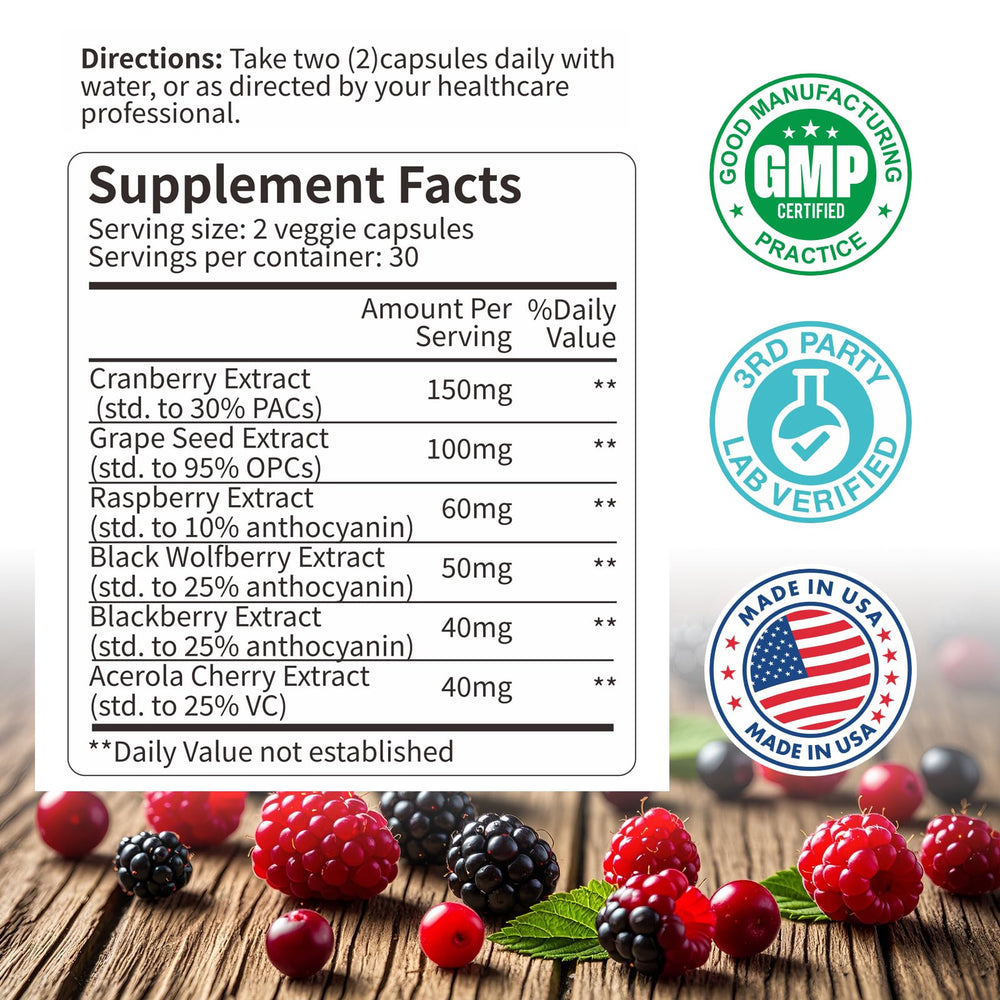 RUNICA berry antioxidant blend capsules featuring polyphenols and anthocyanins for skin vitality.