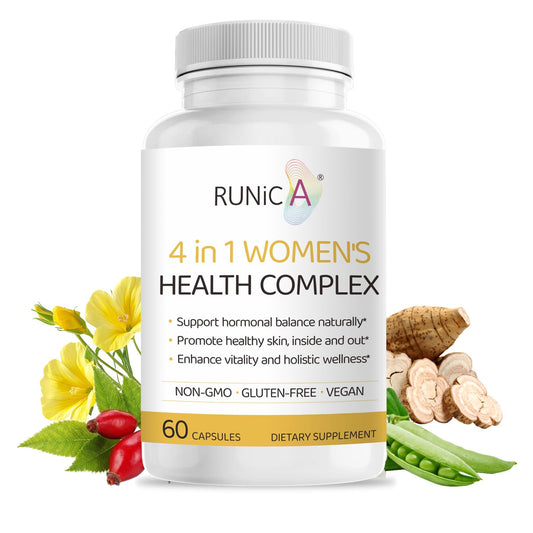 RUNICA 4-in-1 bottle close-up showing capsules for daily hormonal balance support