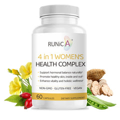 RUNICA 4-in-1 bottle close-up showing capsules for daily hormonal balance support