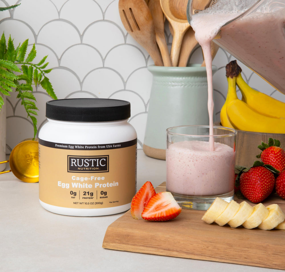Rustic Nutrition egg white powder bottle closeup highlighting clean protein