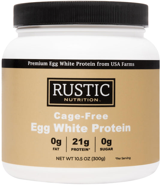 Rustic Nutrition egg white protein powder container showcasing high protein content for shakes