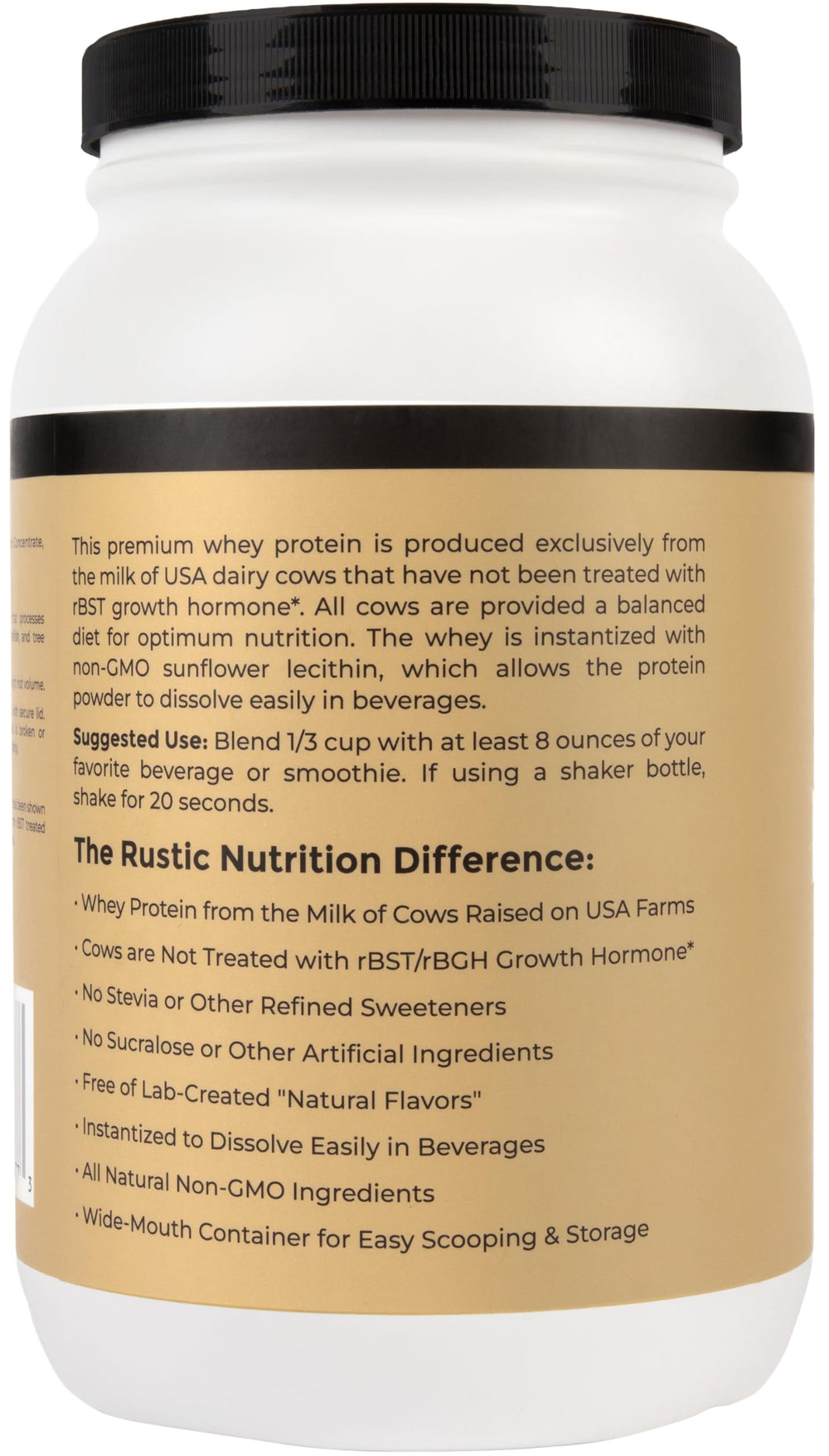 Rustic Nutrition Premium Whey Protein US Dairy Farm highlights USA-sourced milk.