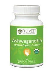 Ruved Ashwagandha capsules bottle supports stress relief and daily energy for balanced wellness.