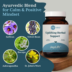 R-U VED JoyLift herbal blend label featuring St. John's Wort and Shilajeet.