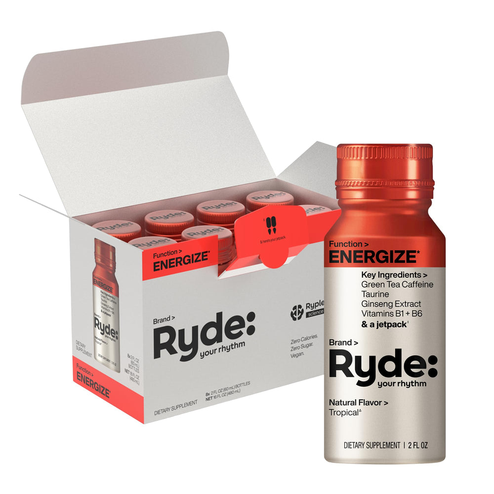 Ryde Energize Shot tropical bottle front view, zero calories and sugar-free.