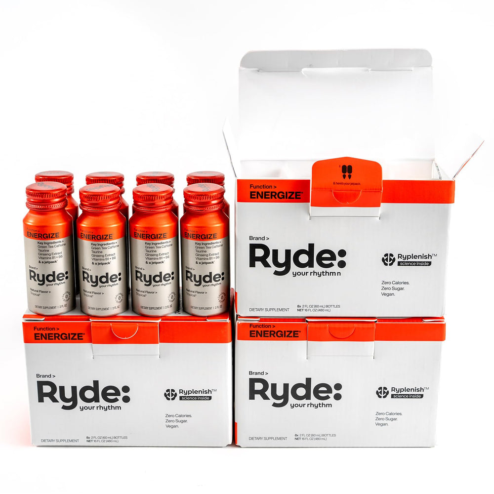 Ryde Energize Shot tropical bottle front promotes quick energy on the go