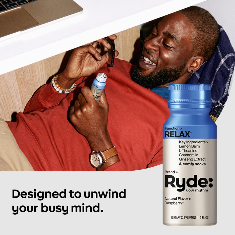 RYDE Relax Shot chamomile flower visuals invite cozy relaxation after a busy day