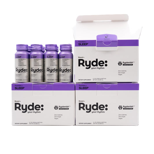 Ryde Sleep bottle front showcases blackberry flavor and convenient 2oz size for travel.