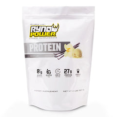 Ryno Power vanilla whey protein canister for clean, high-protein fueling after workouts.
