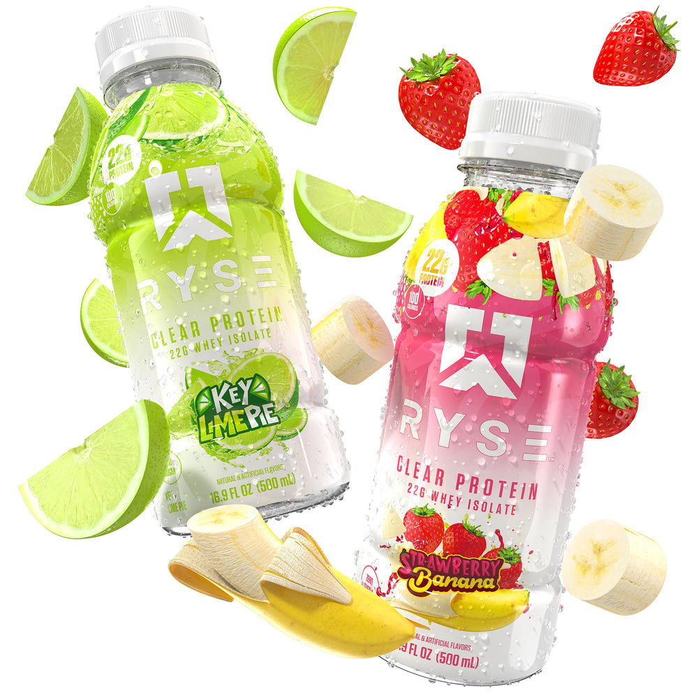 RYSE Clear Protein Drink 12-pack packaging highlighting 16.9 fl oz bottles.