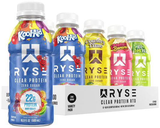 RYSE Clear Protein Drink bottle front view highlights 22g whey isolate per serving.