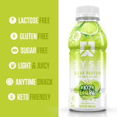 RYSE Clear Protein Drink Key Lime Pie in glass – crisp, refreshing finish.