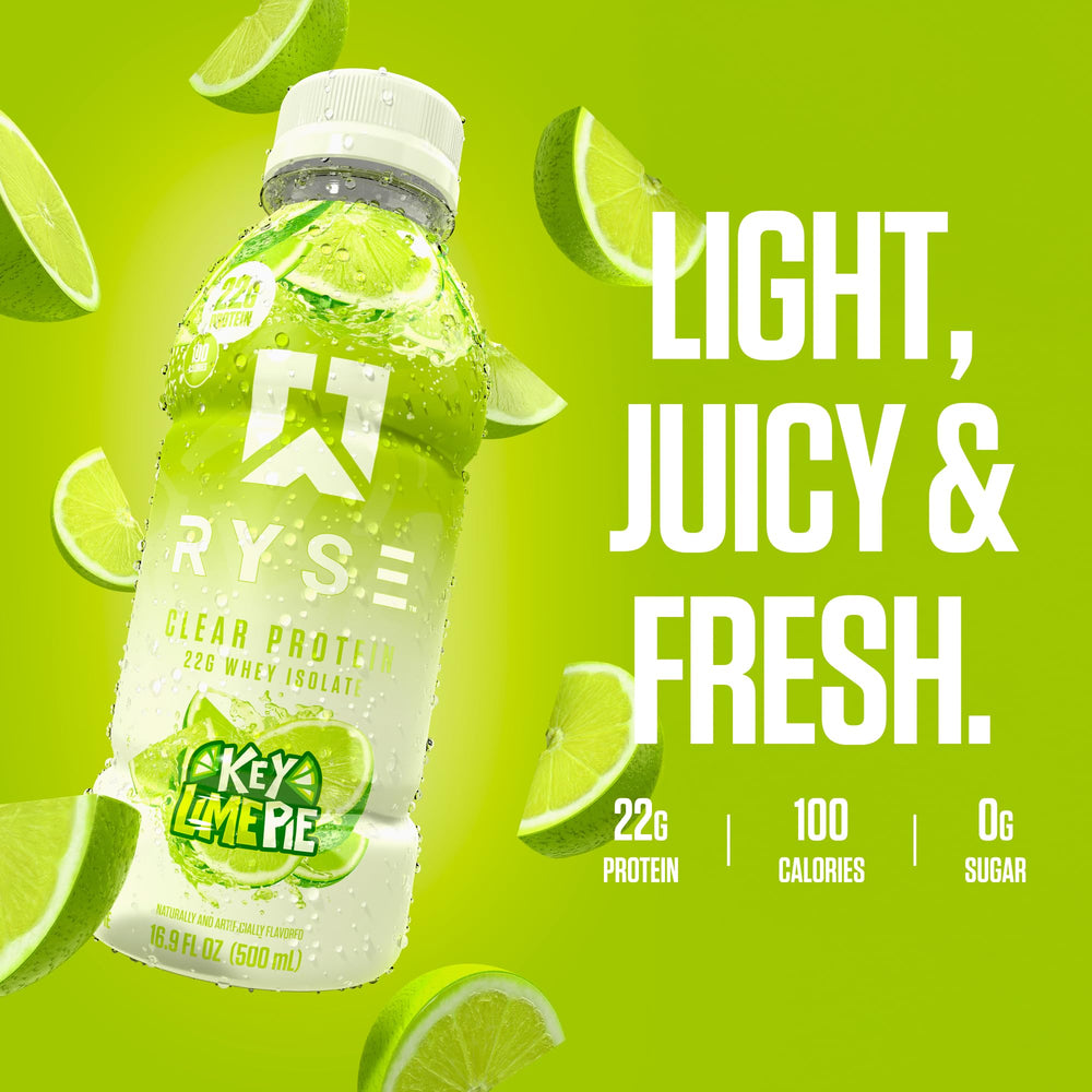 RYSE Clear Protein Drink Key Lime Pie ingredients – lactose-free, no artificial dyes.
