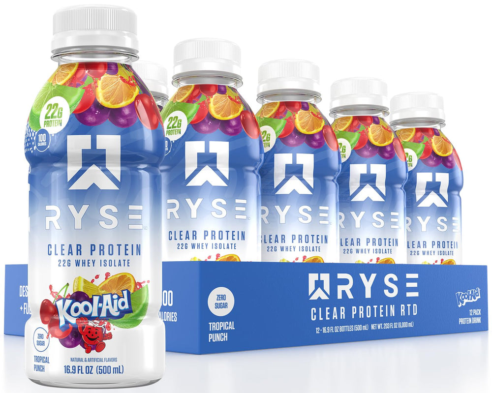 RYSE Clear Protein Drink bottle in Kool-Aid Tropical Punch for on-the-go protein