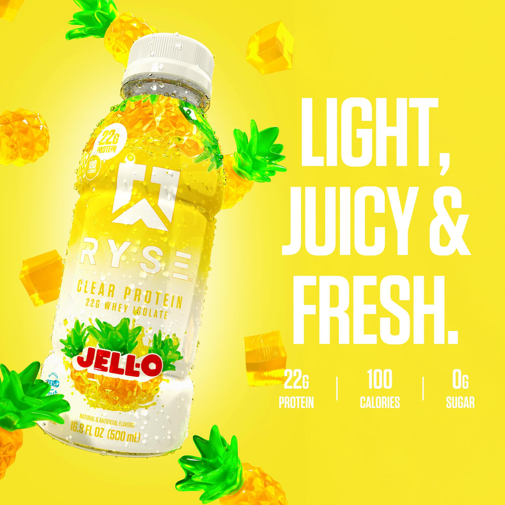 RYSE Clear Protein Drink pineapple glass scene, refreshing hydration.