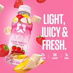 RYSE Clear Protein Drink Strawberry Banana front label: highlights 100 calories and 22g protein