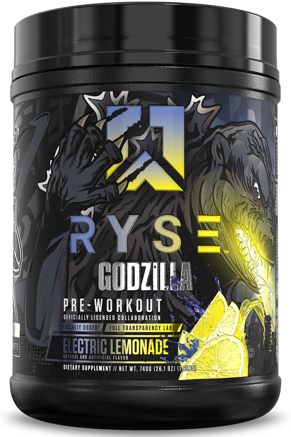 RYSE Godzilla X Noel Deyzel Pre Workout Electric Lemonade bottle ready for intense training.