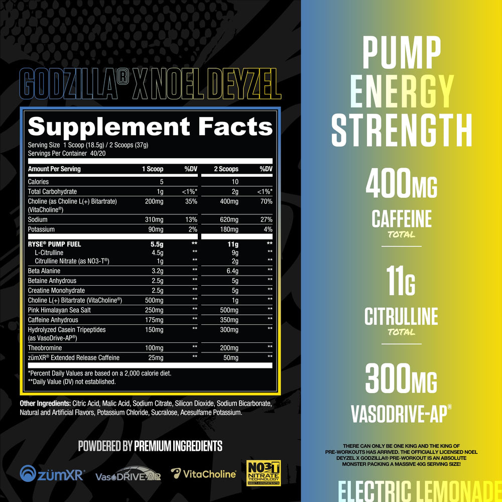 RYSE Godzilla X Noel Deyzel Pre Workout Electric Lemonade powder scoop showing premium formula.