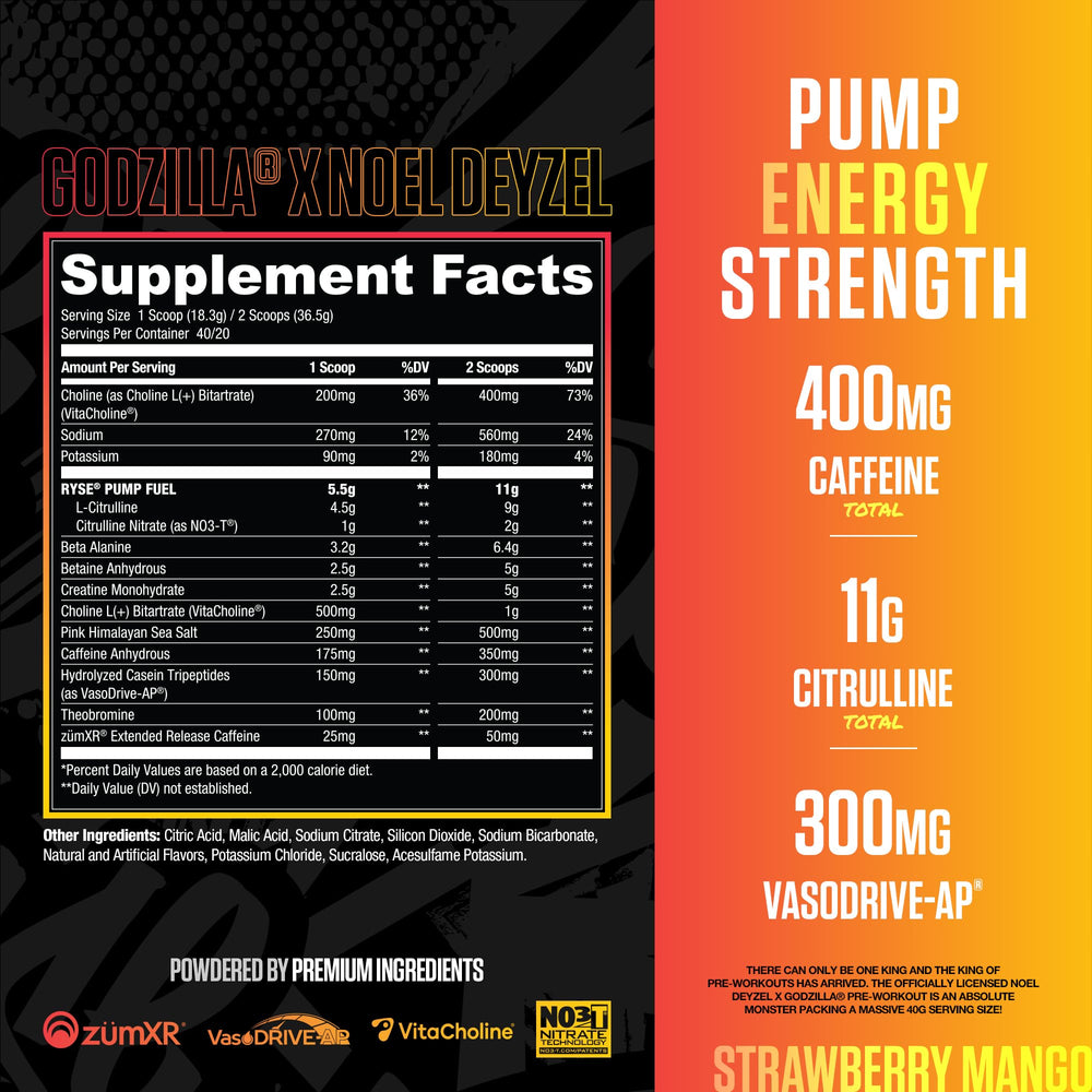 Godzilla pre-workout scoop on label showing premium formula