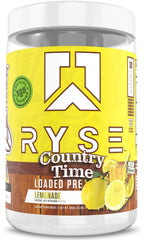 RYSE Loaded Country Time Lemonade powder tub front for explosive pump and focus.