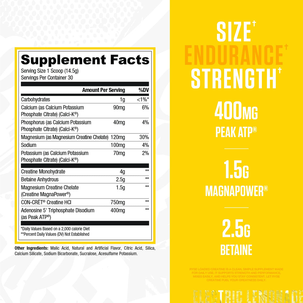 RYSE Loaded Creatine triple complex offers optimized absorption for steady performance.