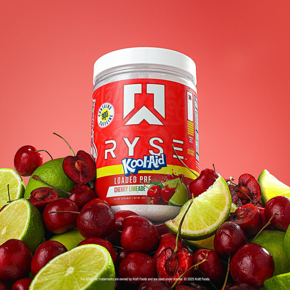 RYSE Loaded 30-serving tub alongside spoon signals daily use for sustained energy