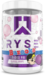 RYSE Loaded Bazooka Grape bottle highlights enhanced energy and focus for workouts.