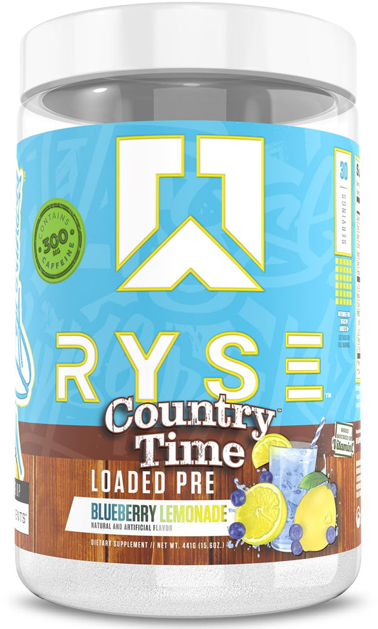 RYSE Loaded pre-workout powder in Country Time Blueberry Lemonade delivers a powerful pump.