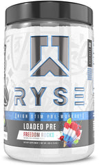 RYSE Loaded Pre Workout canister with Freedom Rocks for clean energy.