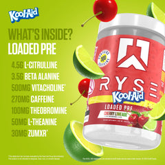 RYSE Loaded pre-workout glass with powder hints at smooth mixability and flavor release