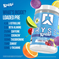 Ryse Loaded Pre Workout bottle close-up highlighting complex formula.