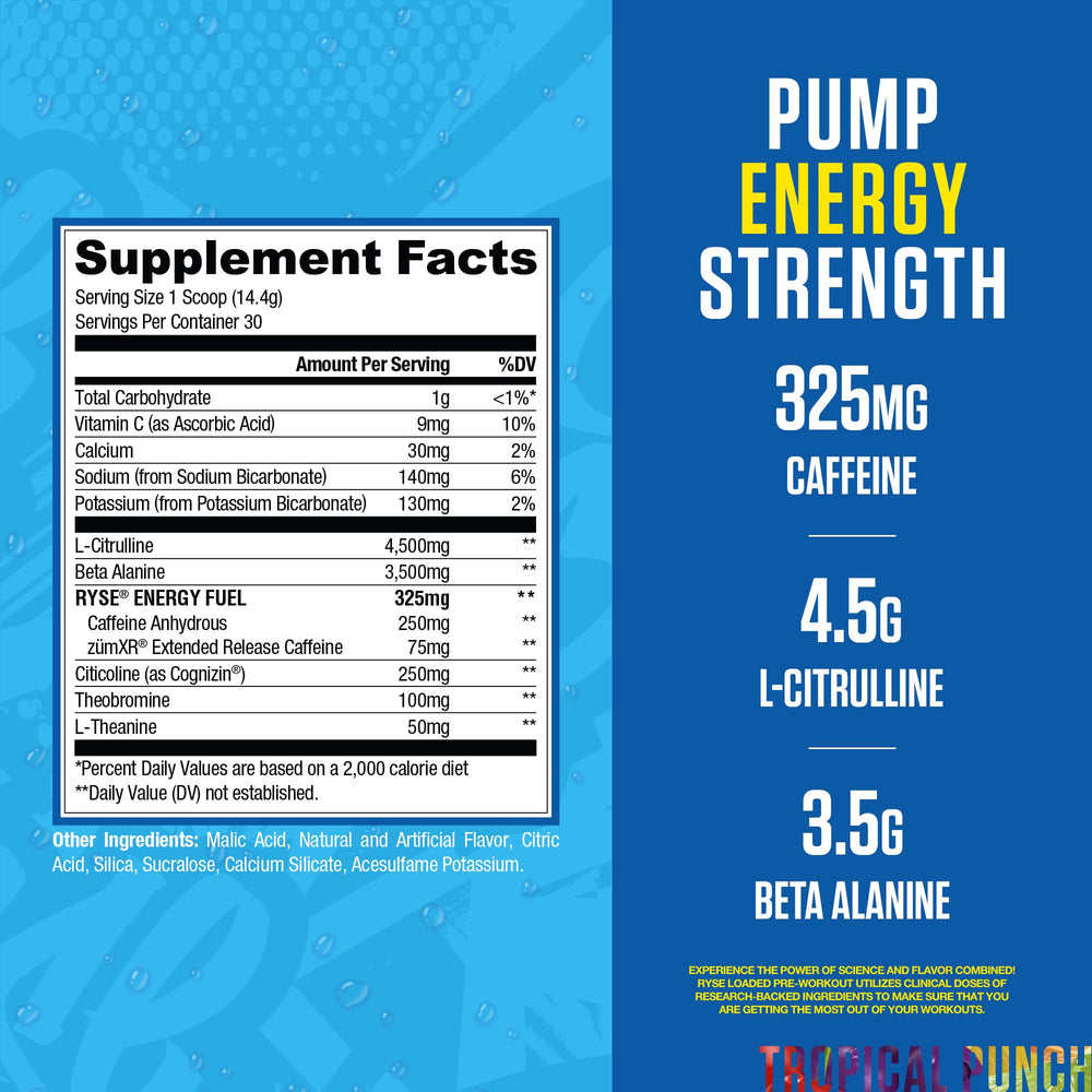 Ryse Loaded Pre Workout Kool-Aid Tropical Punch powder dissolving in water for energy.