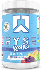 Ryse Loaded Pre Workout Kool-Aid Tropical Punch tub with scoop ready for workouts.