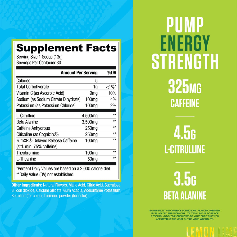 RYSE Loaded pre-workout lemon lime scoop shows measurement for consistent dosing and energy.