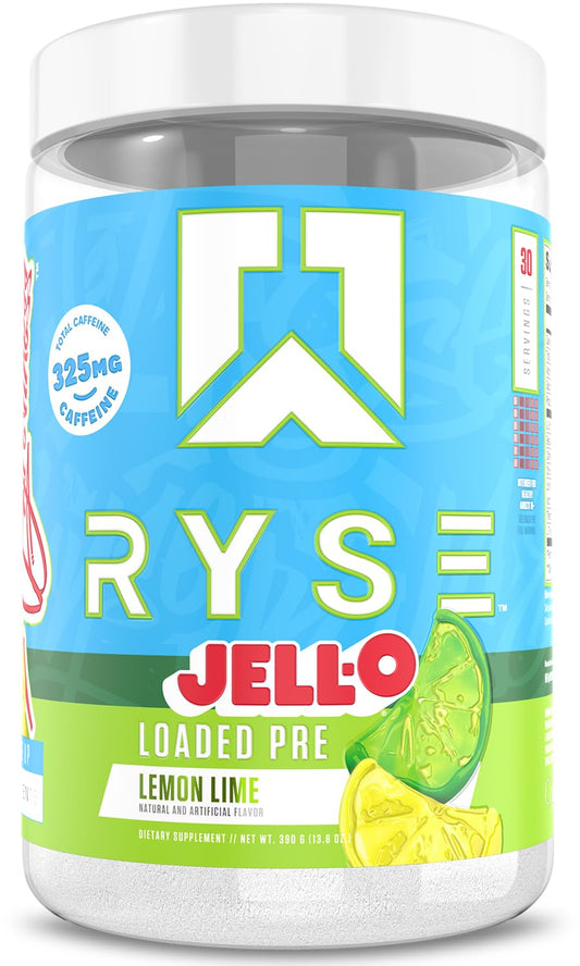 RYSE Loaded Pre-Workout Lemon Lime tub label highlights flavor and ingredients for powerful sessions.