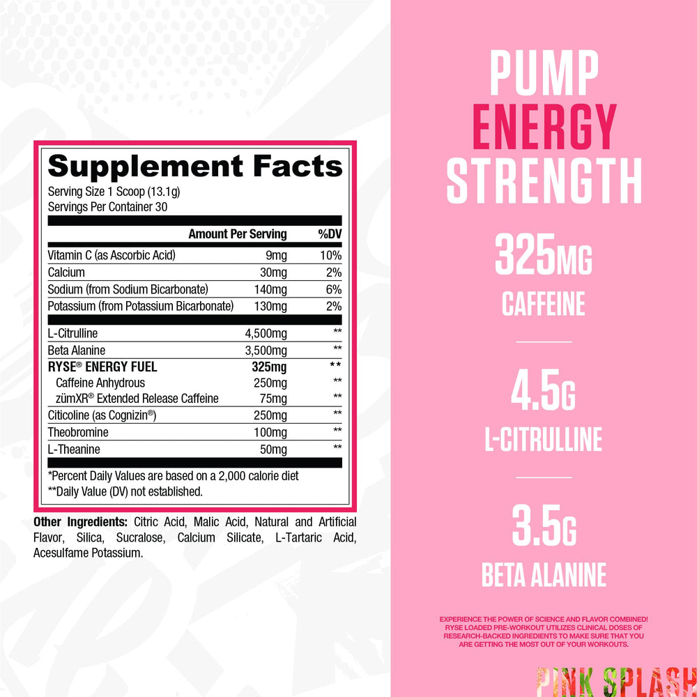 RYSE Loaded Pink Splash scoop dispensing for consistent pre-workout dosing.